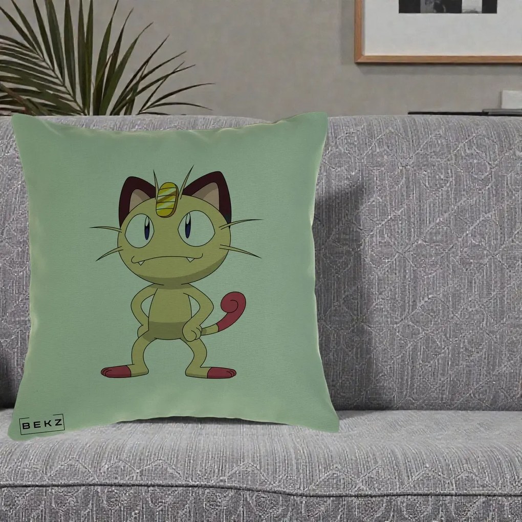 Perna Personalizata Meowth Pokemon, 40x40 cm, Verde, Husa Detasabila, Perna Inclusa, BEKZ®
