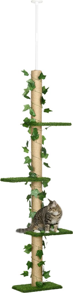 PawHut Stâlp Înalt pentru Pisici cu Tijă de Tensionare din Iută cu Frunze, 37x21x202-242 cm, Verde | Aosom Romania