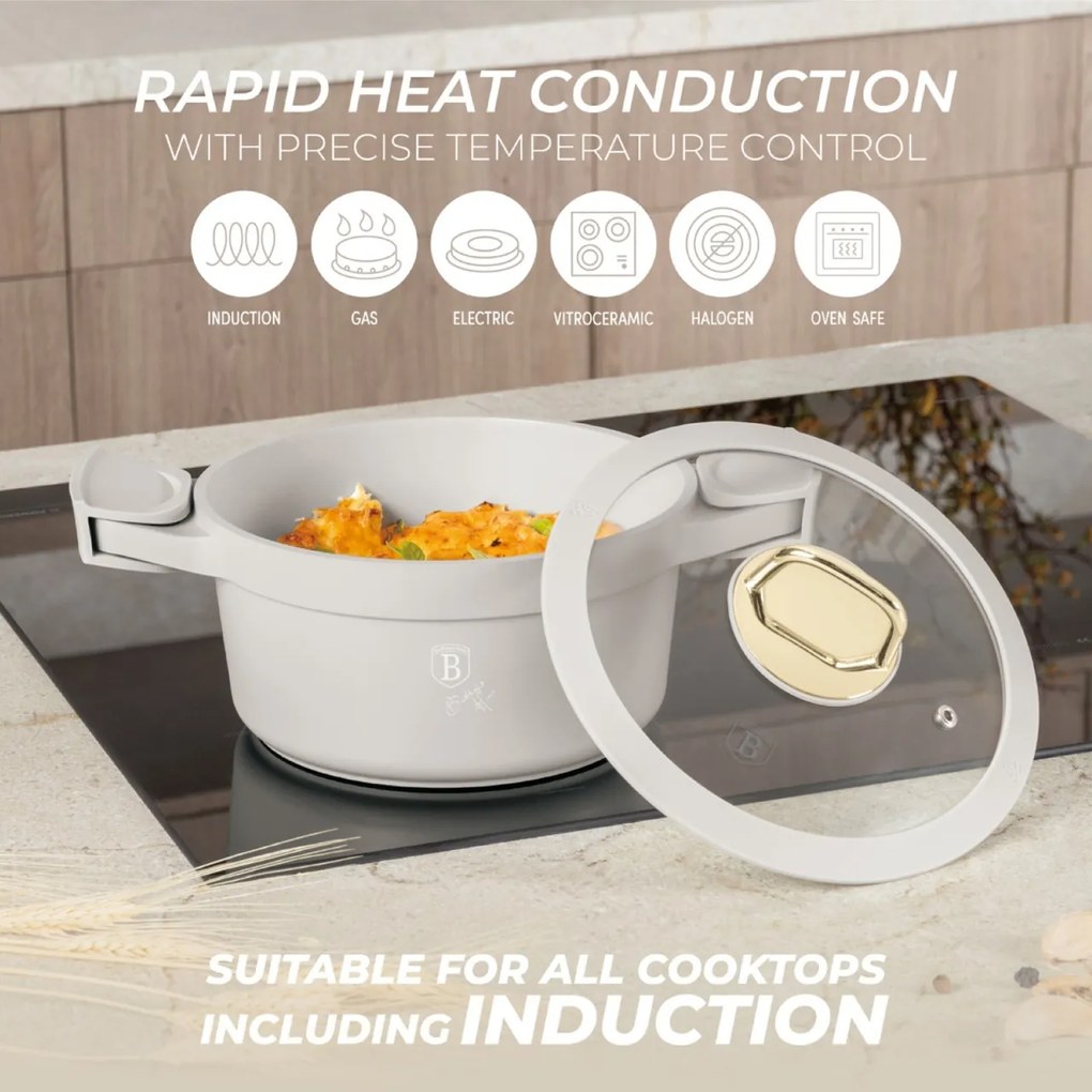 Oală cu capac 20 cm, 2.8L – Berlinger Haus Sahara Collection BH 7786, crem, cu mânere din silicon detașabile, strat titan antiaderent
