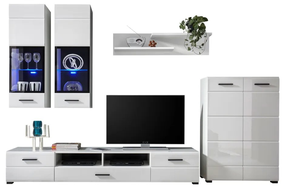 Mobilier perete living, alb extra lucios HG, ARCTIC