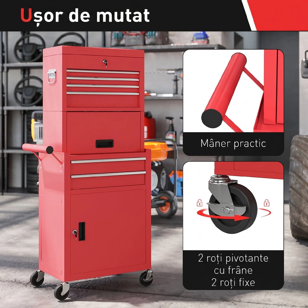 HOMCOM Cărucior pentru Scule din Oțel cu Încuietoare, 6 Sertare, 2 Dulapuri, Panou Perforat, Roți și Mâner, Roșu | Aosom Romania