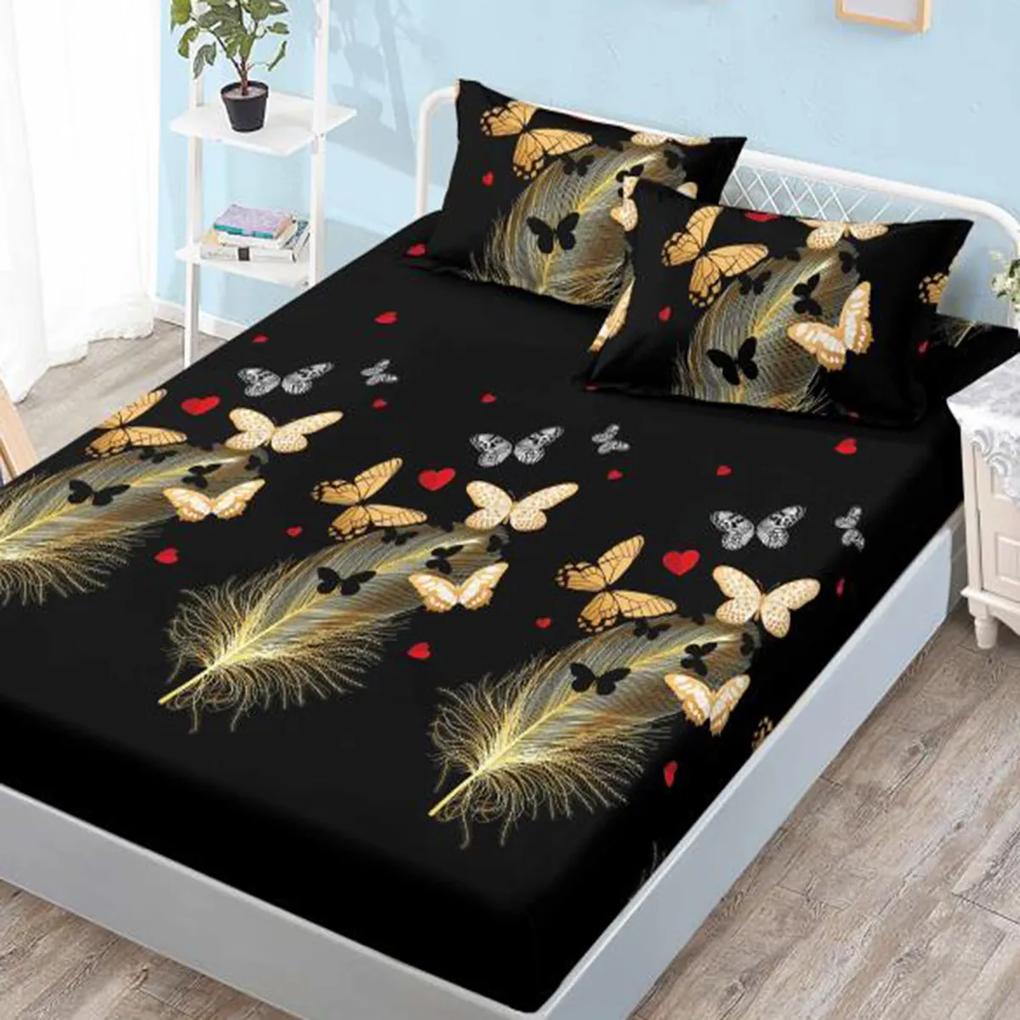 Husă de pat din FINET cu elastic si 2 fete de pernă, Feathers and Butterflyes 160x200