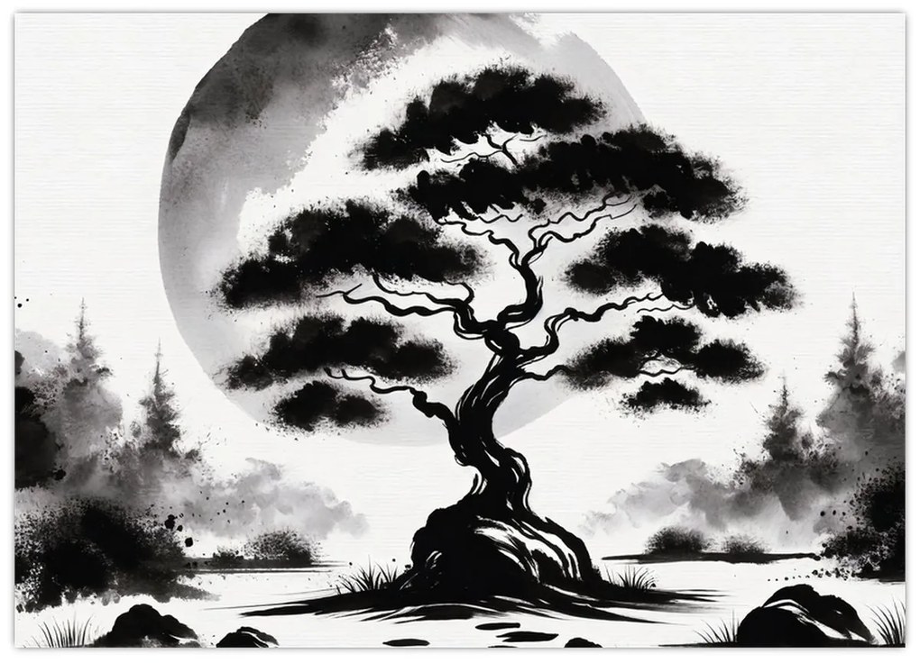 Tablou pe sticlă – Bonsai alb-negru (70x50 cm)