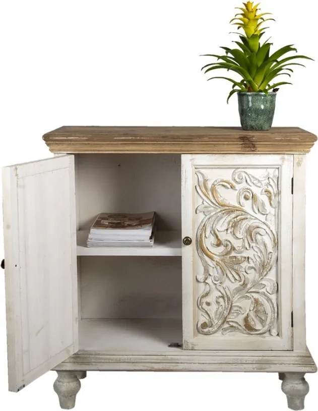Comodă cu 2 uși, vintage, shabby chic, din lemn, alb, cu blat natur, raft interior și decor sculptat, 100 x 91 x 38 cm, „Fleur de Lys”