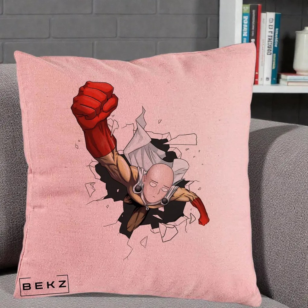 Perna Personalizata One Punch Man Saitama Pumn, 40x40 cm, Roz, Husa Detasabila, Perna Inclusa, BEKZ®