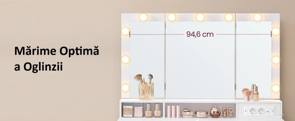 Masuta machiaj cu Oglinda LED si 9 Sertare pentru Cosmetice, Set Masa toaleta 107 cm, Alb, masuta cosmetica, vanity - SEA11