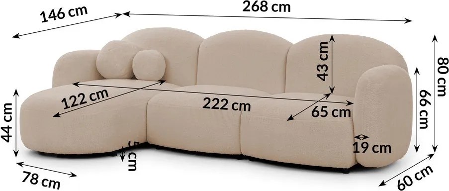 Colțar maro deschis cu tapițerie din țesătură bouclé (cu colț pe partea stângă/cu șezlong) Orbit – Ropez