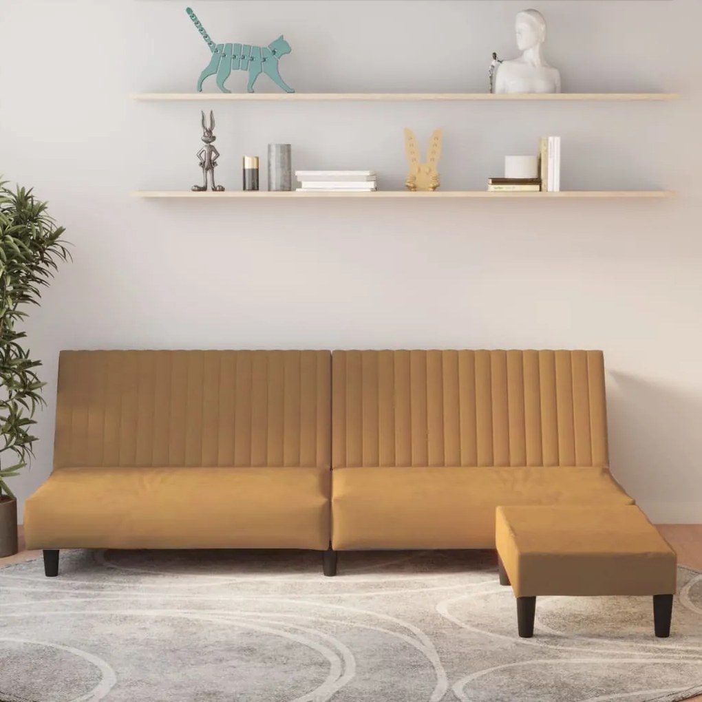 3081862 vidaXL Canapea extensibilă cu taburet, 2 locuri, maro, catifea