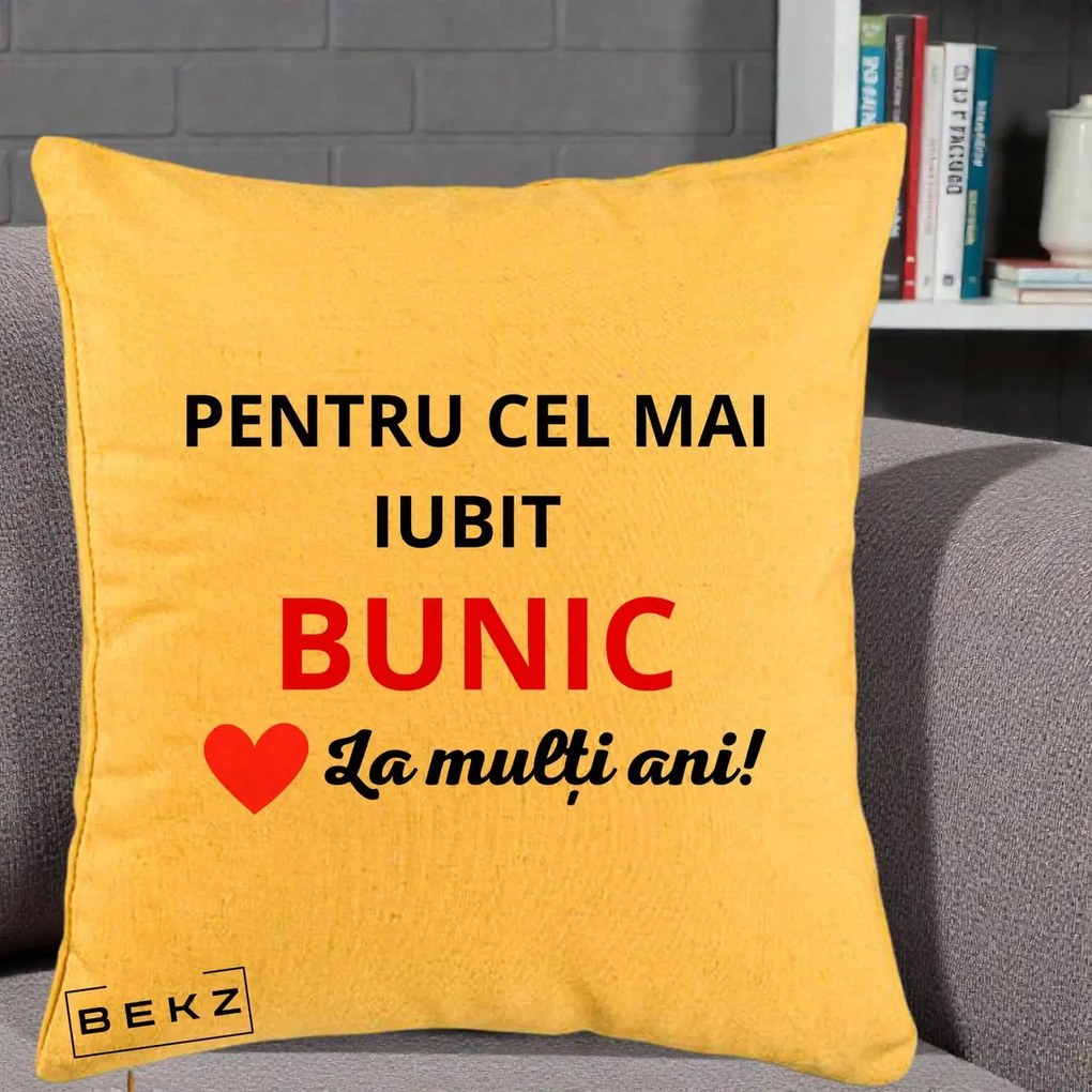 Cadou pentru Bunic - Perna Personalizata Pentru Cel Mai Iubit Bunic La Multi Ani Rosu, 40x40 cm, Galben, Husa Detasabila, Perna Inclusa, BEKZ®