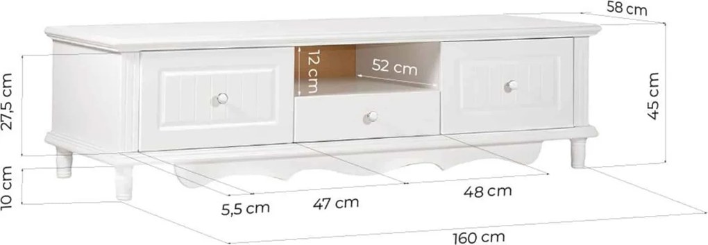 Comodă TV lemn masiv alb Elizabeth, 160 × 58 × 45 cm
