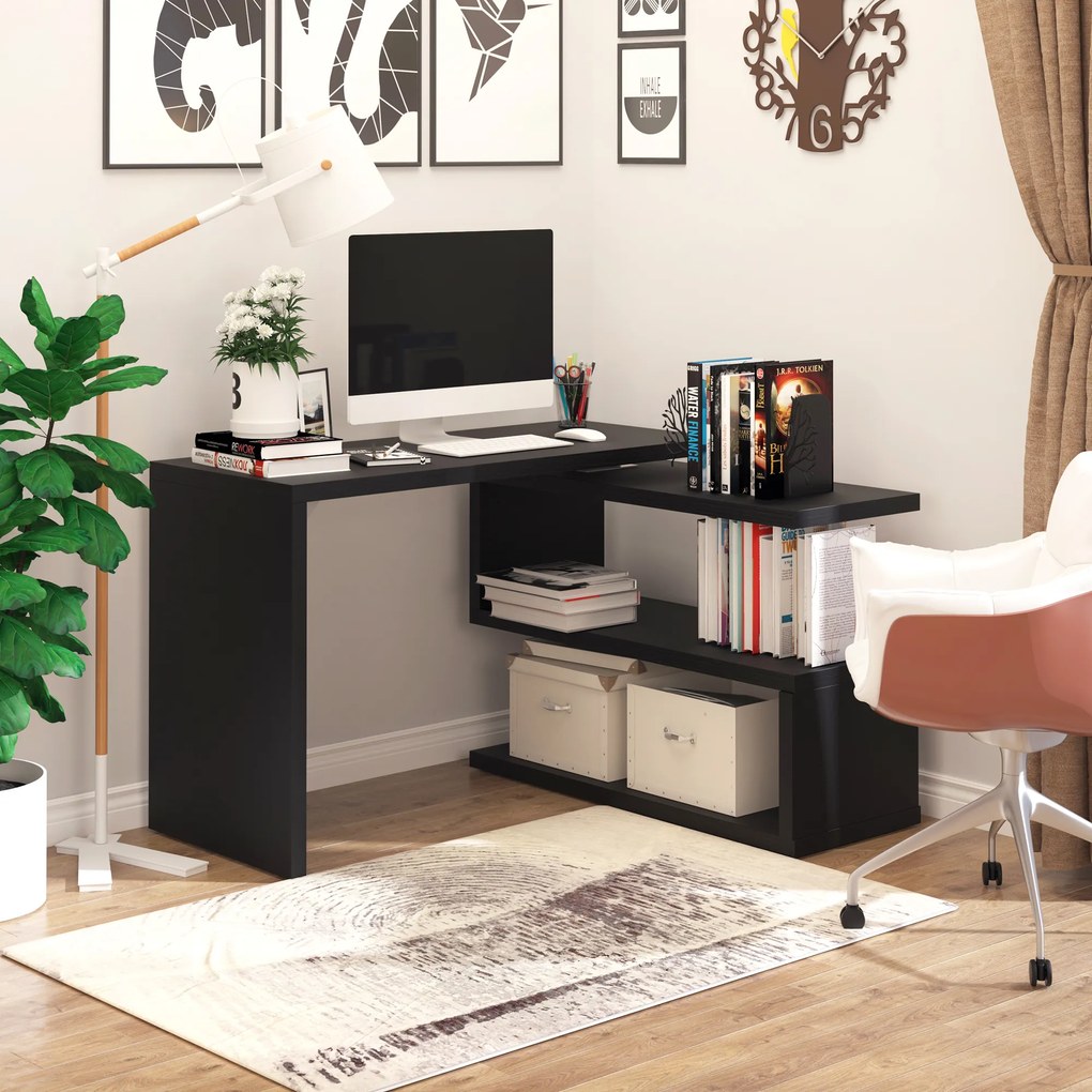 HomCom Birou pe colt pentru Computer cu Rafturi in Lemn, Negru, 120x106x75cm