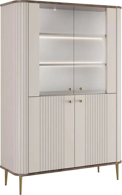 Vitrină Vesper 103 cm cu 4 uși - cașmir / nuc / picioare aurii