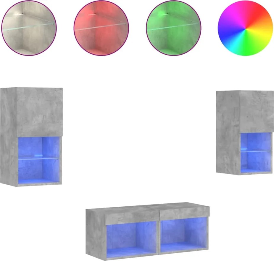 vidaXL Comode TV de perete cu lumini LED, 4 piese, gri beton