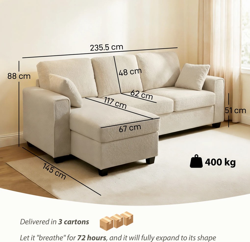 HOMCOM Colțar cu chaiselongue reversibilă, canapea 3 locuri cu aspect de catifea, șezut lat și adânc, perne cu arc, Bej | Aosom Romania