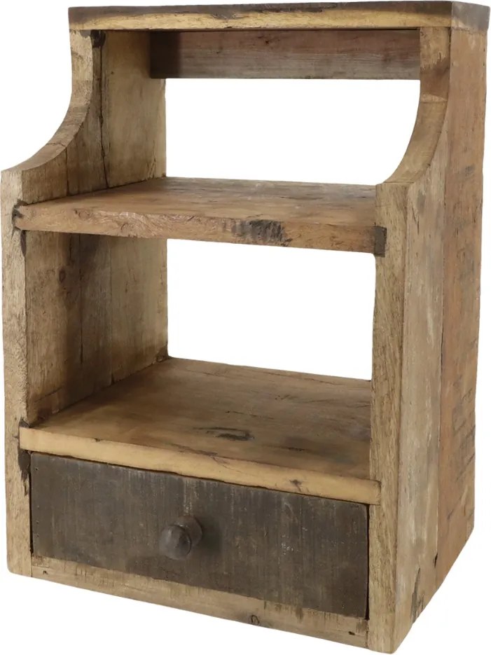 Etajeră de perete din lemn reciclat, natur, cu 2 rafturi și sertar, aspect rustic, 40 x 30 x 23 cm, „Grimaud”
