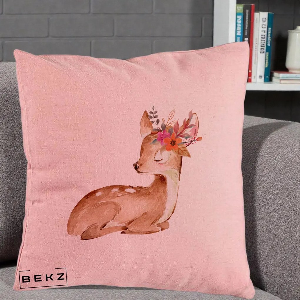 Perna Decorativa Caprioara cu Flori in Coama, 40x40 cm, Roz, Husa Detasabila, Perna Inclusa, BEKZ®