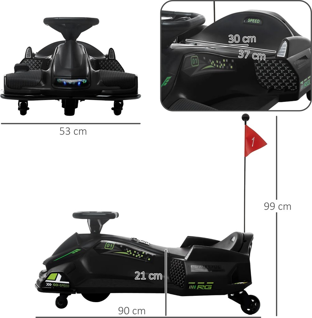 HOMCOM Go-Kart Electric pentru Copii cu Pedale, Pornire Lentă, Lumini, Muzică și Centură, 90x53x99 cm, Negru | Aosom Romania
