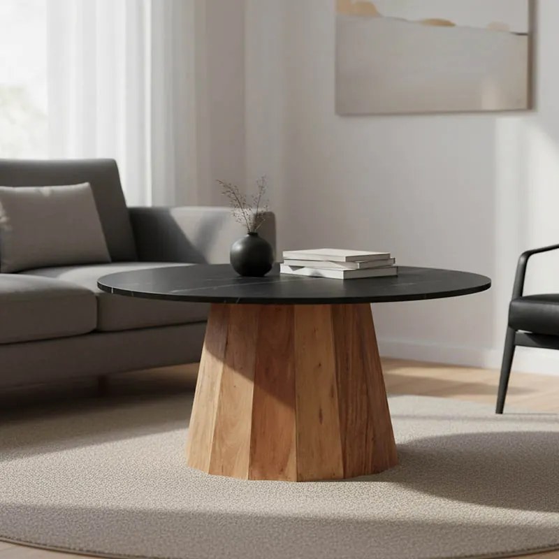 Masuta De Cafea Rotunda Eloria Lemn Masiv De Salcam Culoare Naturala Si Marmura Neagra Table Blat D90x45 Cm