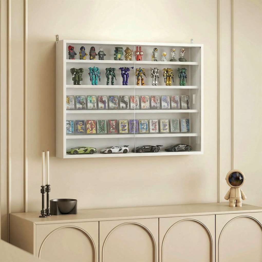 HOMCOM Vitrină de perete din lemn cu polițe reglabile și 2 uși glisante din sticlă 80x9,5x60 cm alb | Aosom Romania