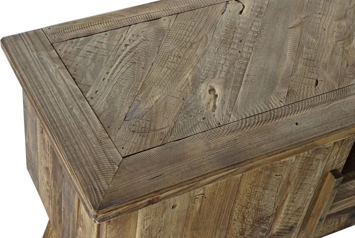 Comodă TV living din lemn reciclat, natur, cu 2 uși, 1 sertar, nișă deschisă și picioare oblice cu traversă, 60 x 180 x 45 cm, „Auburn”