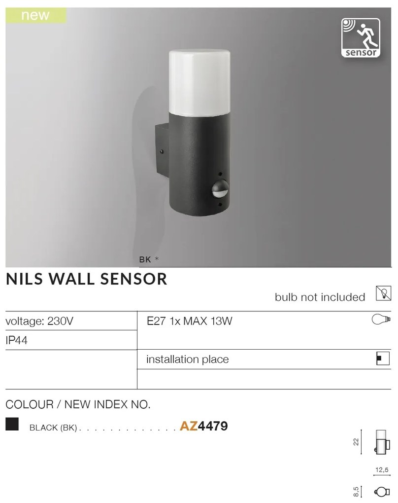 Aplica de exterior cu senzor de miscare IP44 NILS