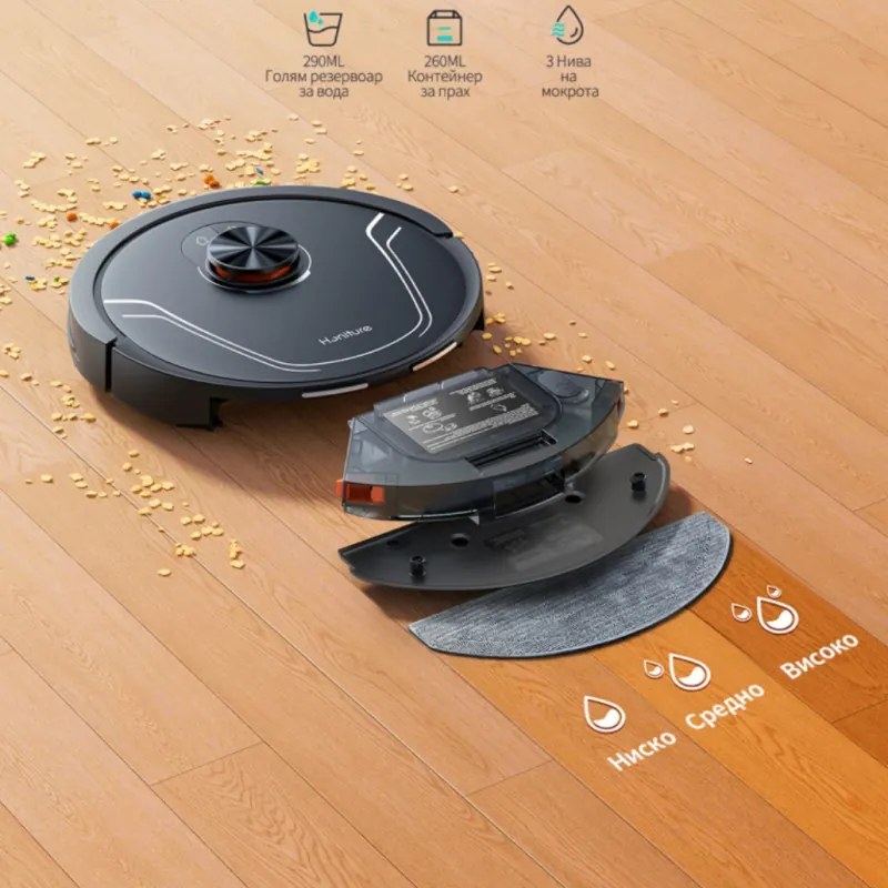 Aspirator robot Honiture V8 Pro CRV549, 5000 Pa, 290 ml, 180 min, Curatare uscata/umeda, 3 viteze, Moduri automate, Zone, Comanda vocala, Honysmart, Negru