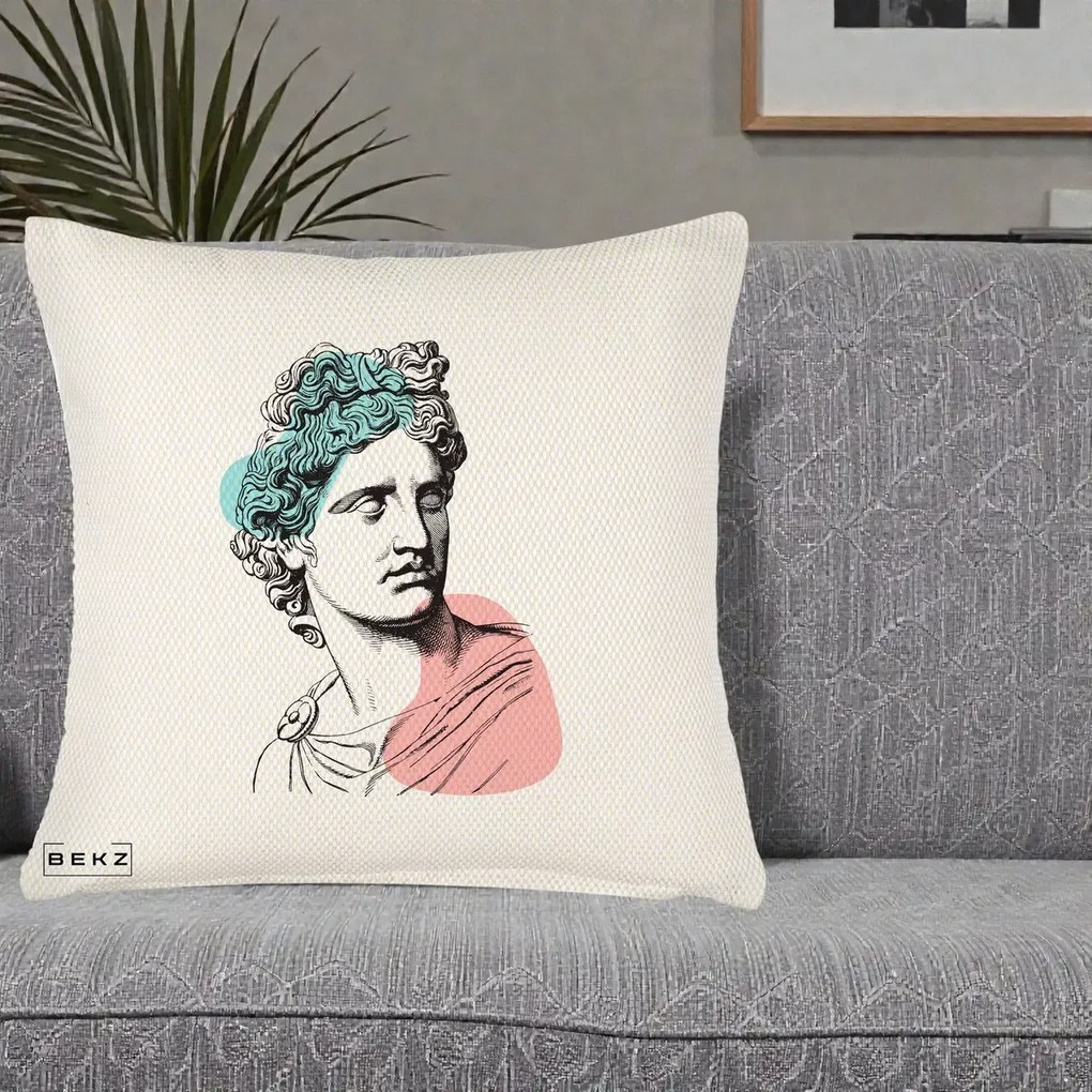 Perna Decorativa Bust Grec Vaporwave, 40x40 cm, Crem Reliefat, Husa Detasabila, Perna Inclusa, BEKZ®