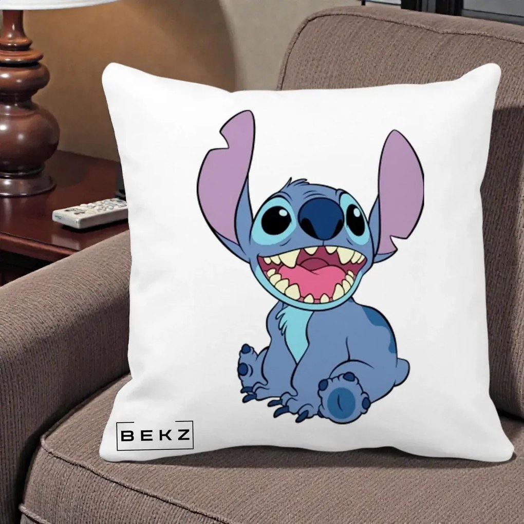 Perna Personalizata Stitch Zambitor, 40x40 cm, Alba Mata, Husa Detasabila, Perna Inclusa, BEKZ®