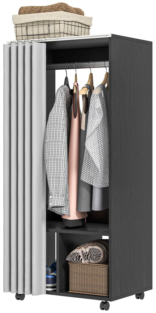HOMCOM Dulap penderie Dulap de Depozitare Mobil cu cortină, Panouri de Particule, tijă suspendare, negru | Aosom Romania