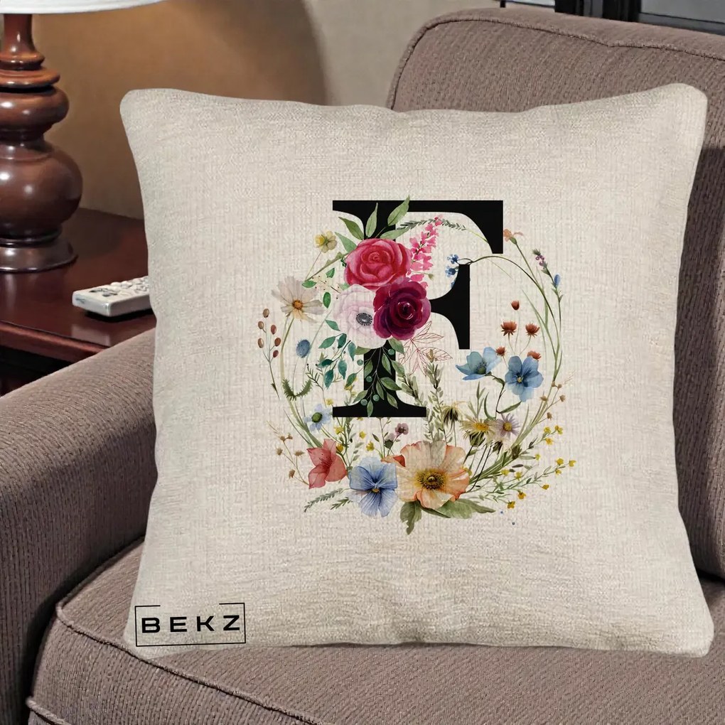Cadou Personalizat - Perna Personalizata Monogram Litera F cu Flori Acuarela, 40x40 cm, Bej Canapea, Husa Detasabila, Perna Inclusa, BEKZ®