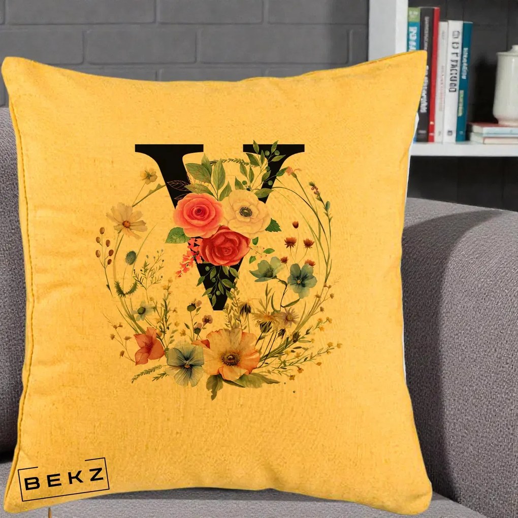 Cadou Personalizat - Perna Personalizata Monograma Florala Litera V cu Coroana, 40x40 cm, Galben, Husa Detasabila, Perna Inclusa, BEKZ®