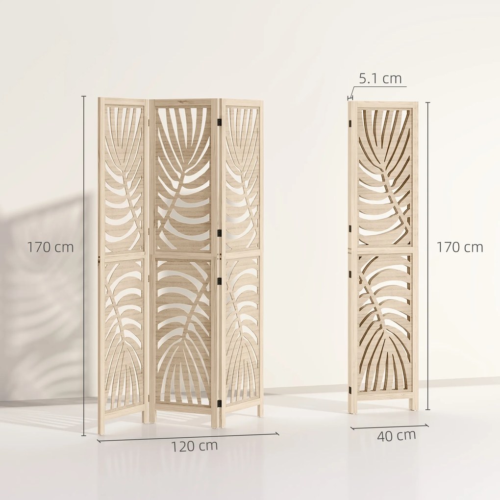 HOMCOM Paravan cu 3 Panouri, Separator Pliabil cu Design Frunze pentru Interior, Finisaj Natural | Aosom Romania