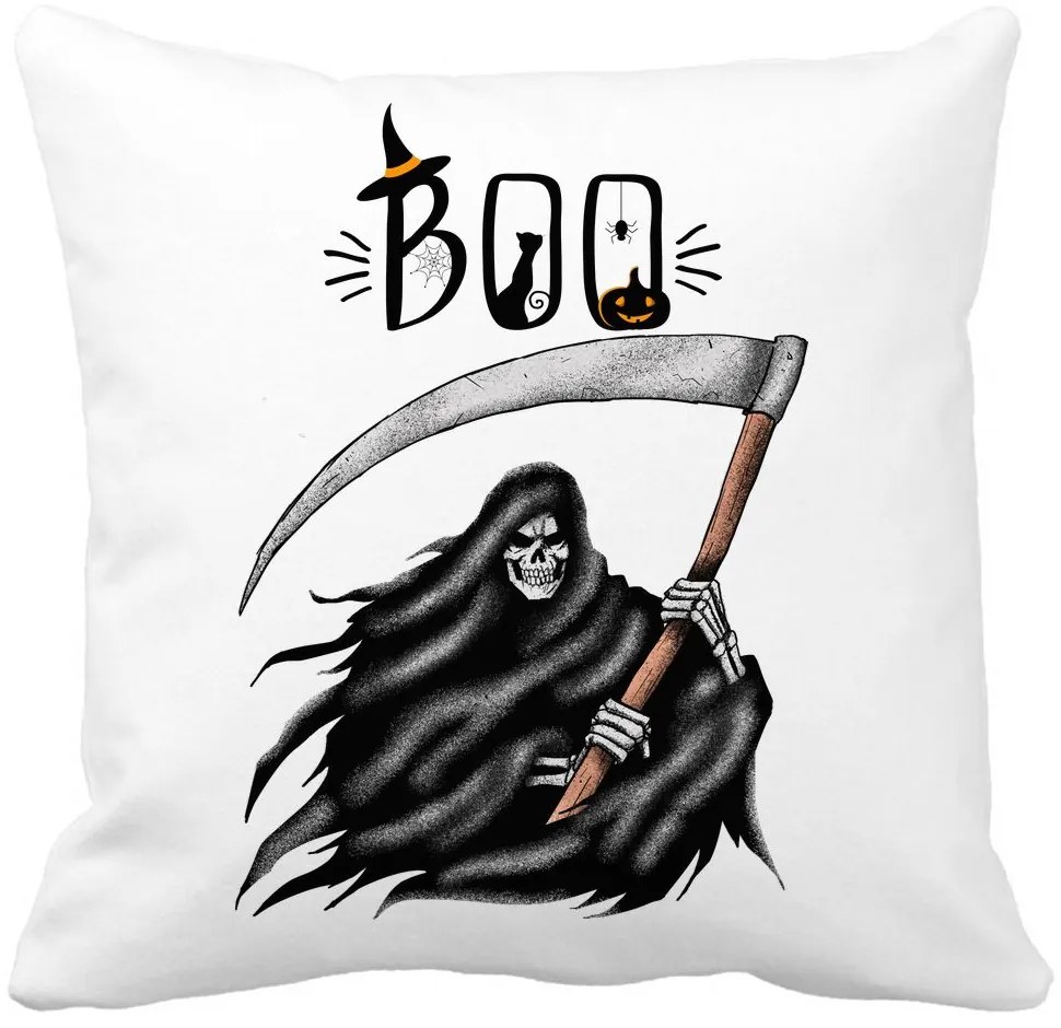 Perna Decorativa cu motiv The Grim Reaper, de Halloween, 40x40 cm, Alba, Mata, Husa Detasabila, Burduf