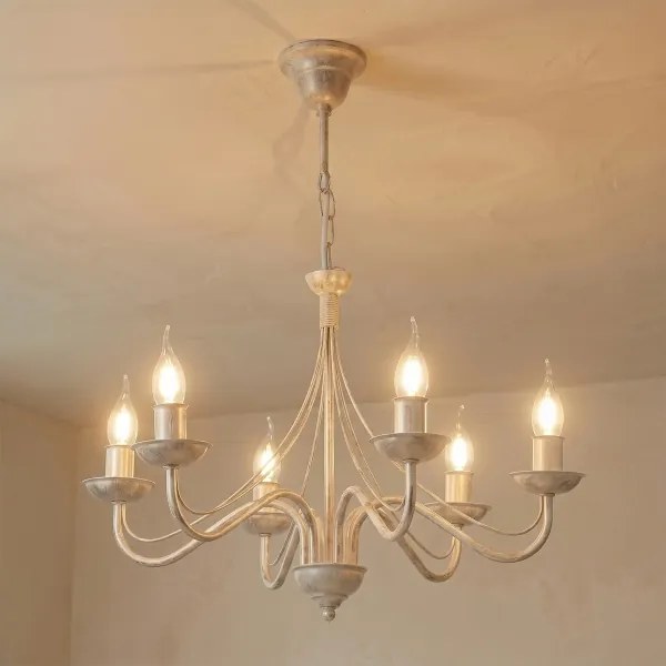 Candelabru suspendat pe lanț ANTON 6xE14/60W/230V, finisaj alb patinat