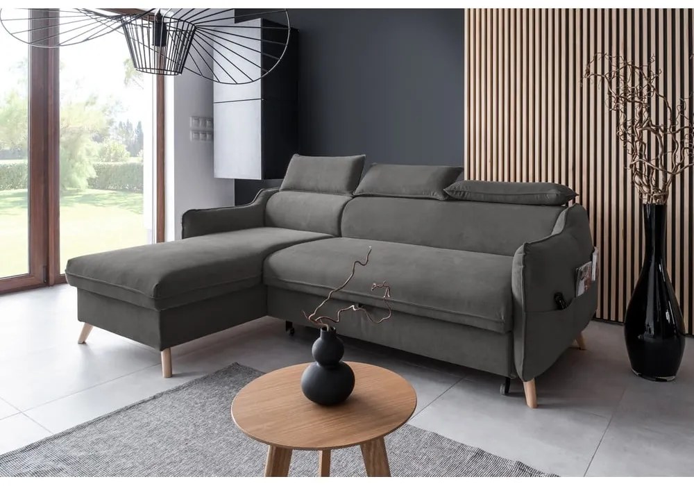 Colțar gri închis extensibil cu tapițerie din catifea (cu colț pe partea stângă ) Sweet Harmony – Miuform