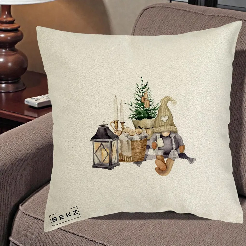 Perna Decorativa Gnom Scandinav cu Felinar, 40x40 cm, Ecru, Husa Detasabila, Perna Inclusa, BEKZ®