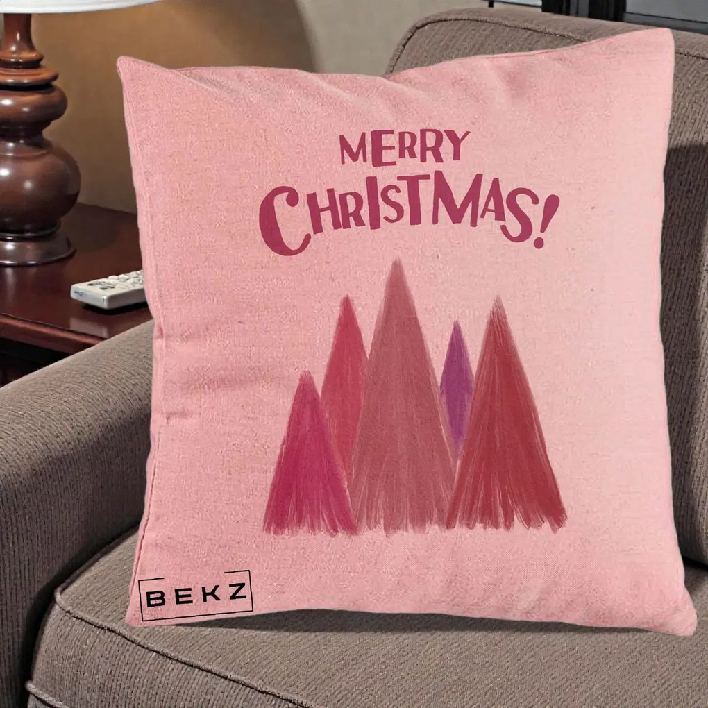 Perna Decorativa Merry Christmas Brazi Roz, 40x40 cm, Roz, Husa Detasabila, Perna Inclusa, BEKZ®