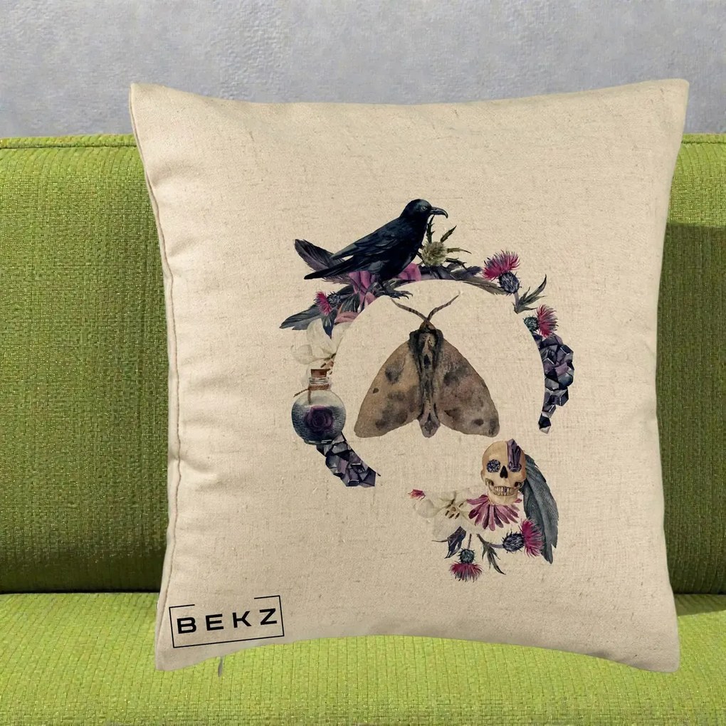Perna Decorativa Gothic Wreath Corb Moliu Craniu, 40x40 cm, Bej, Husa Detasabila, Perna Inclusa, BEKZ®