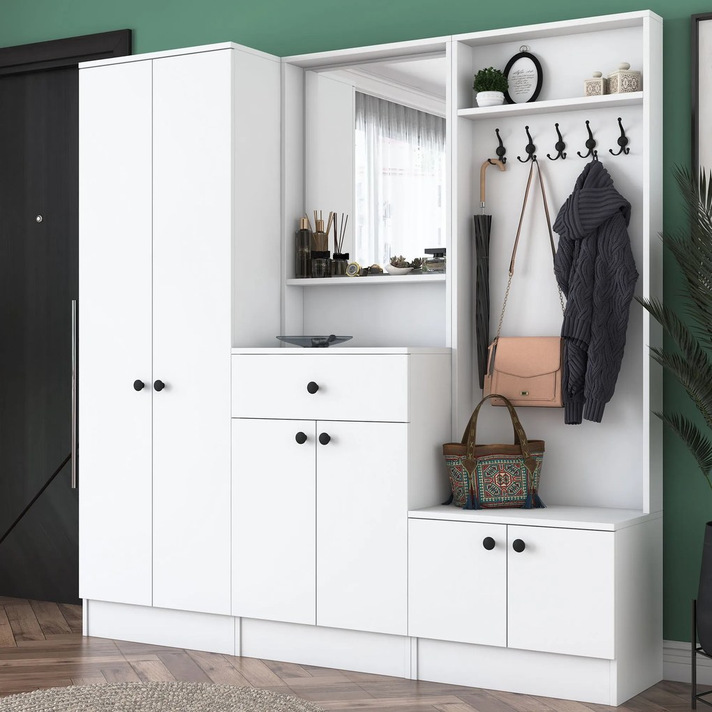 Pantofar Cuier Hol Genus cu 6 usi si oglinda, Alb, 180 x 183 x 37 cm