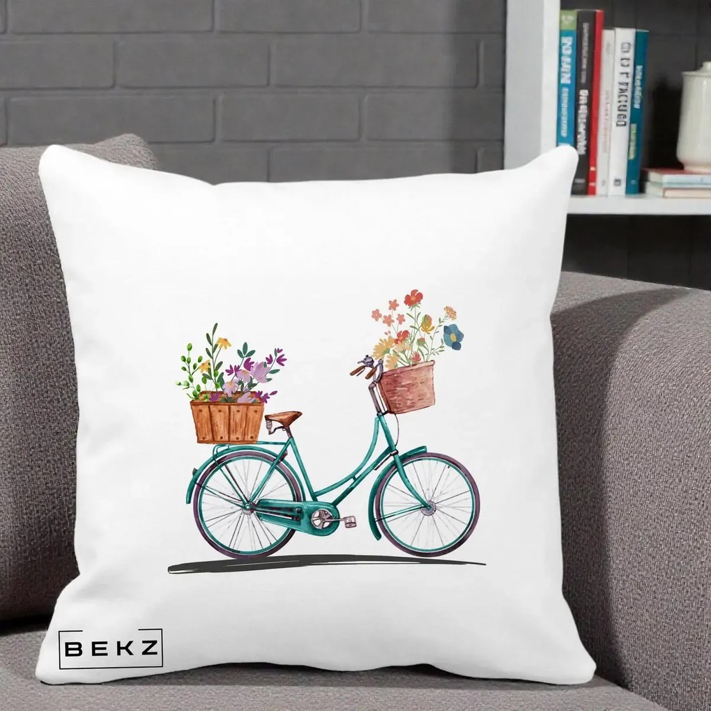 Perna Decorativa Bicicleta Florala Turcoaz Acuarela, 40x40 cm, Alba Mata, Husa Detasabila, Perna Inclusa, BEKZ®