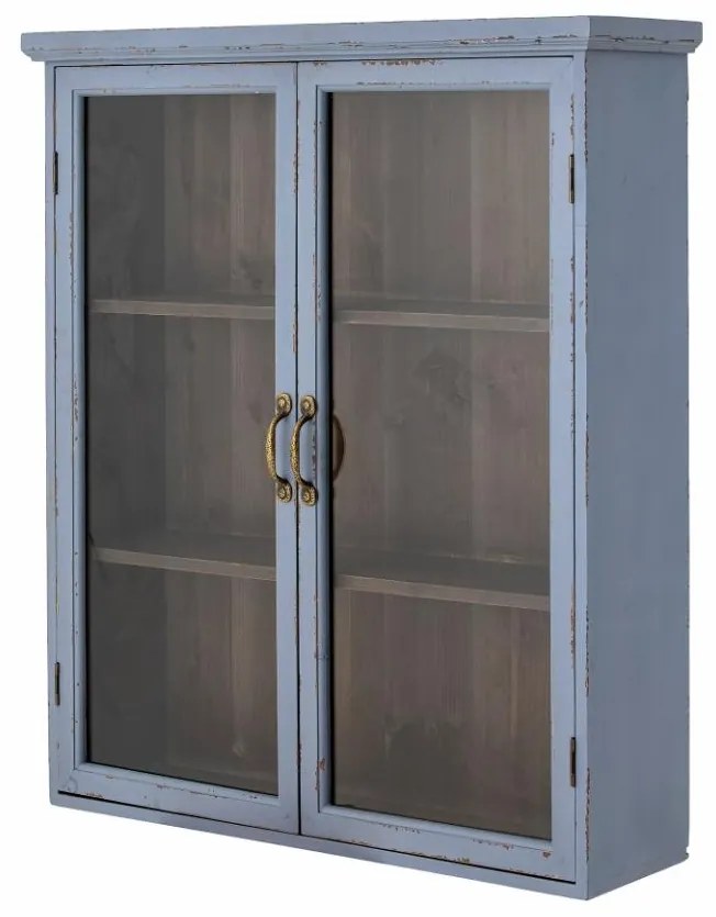 Vitrina albastra, din lemn cu aspect vintage, 3 rafturi, Hazem