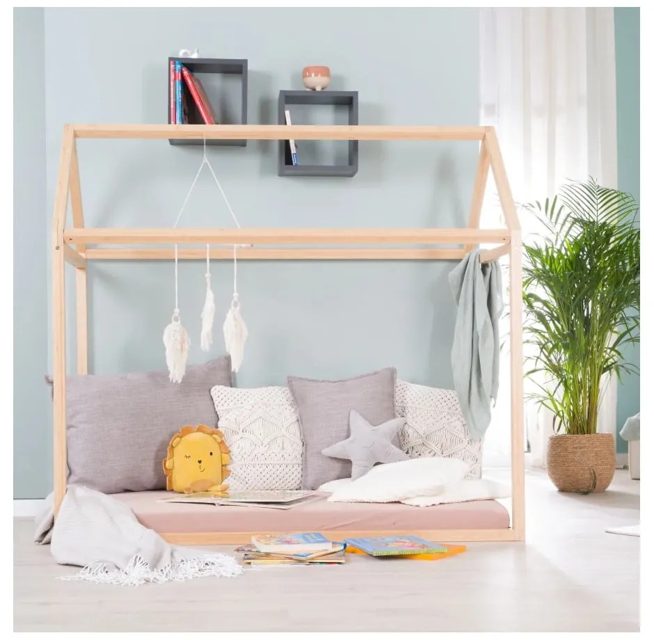 Pat pentru copii în culoare naturală de tip casă 70x140 cm Montessori – Roba
