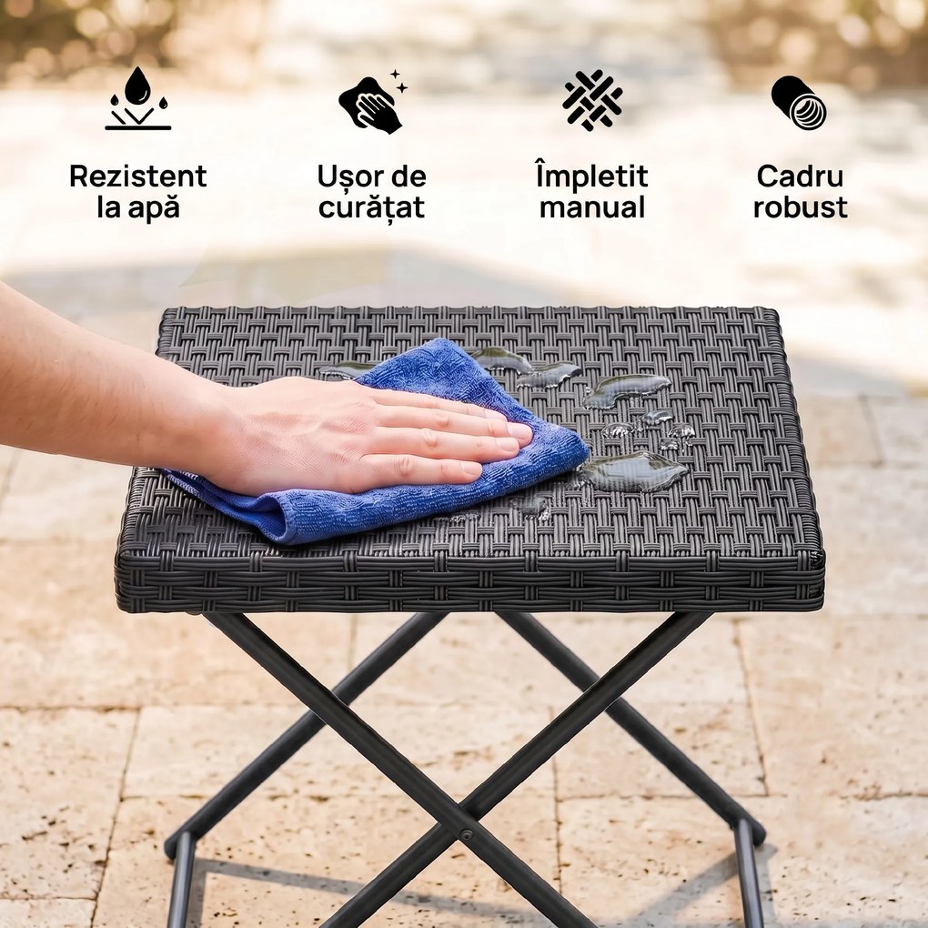 Outsunny Masuta pentru Gradina Pliabila din Ratan Sintetic si Otel, Masuta pentru Exterior Economie Spatiu 40x40x40cm, Negru