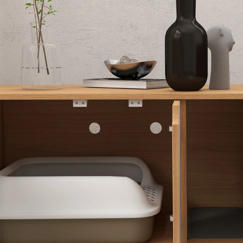 PawHut Mobilier pentru litieră, casă de toaletă pe picioare pentru pisici 2 în 1, uși, stil scandinav 80 x 48 x 48 cm natural și alb | Aosom Romania