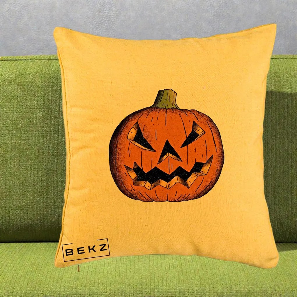 Perna Decorativa Halloween Dovleac Portocaliu Clasic, 40x40 cm, Galben, Husa Detasabila, Perna Inclusa, BEKZ®