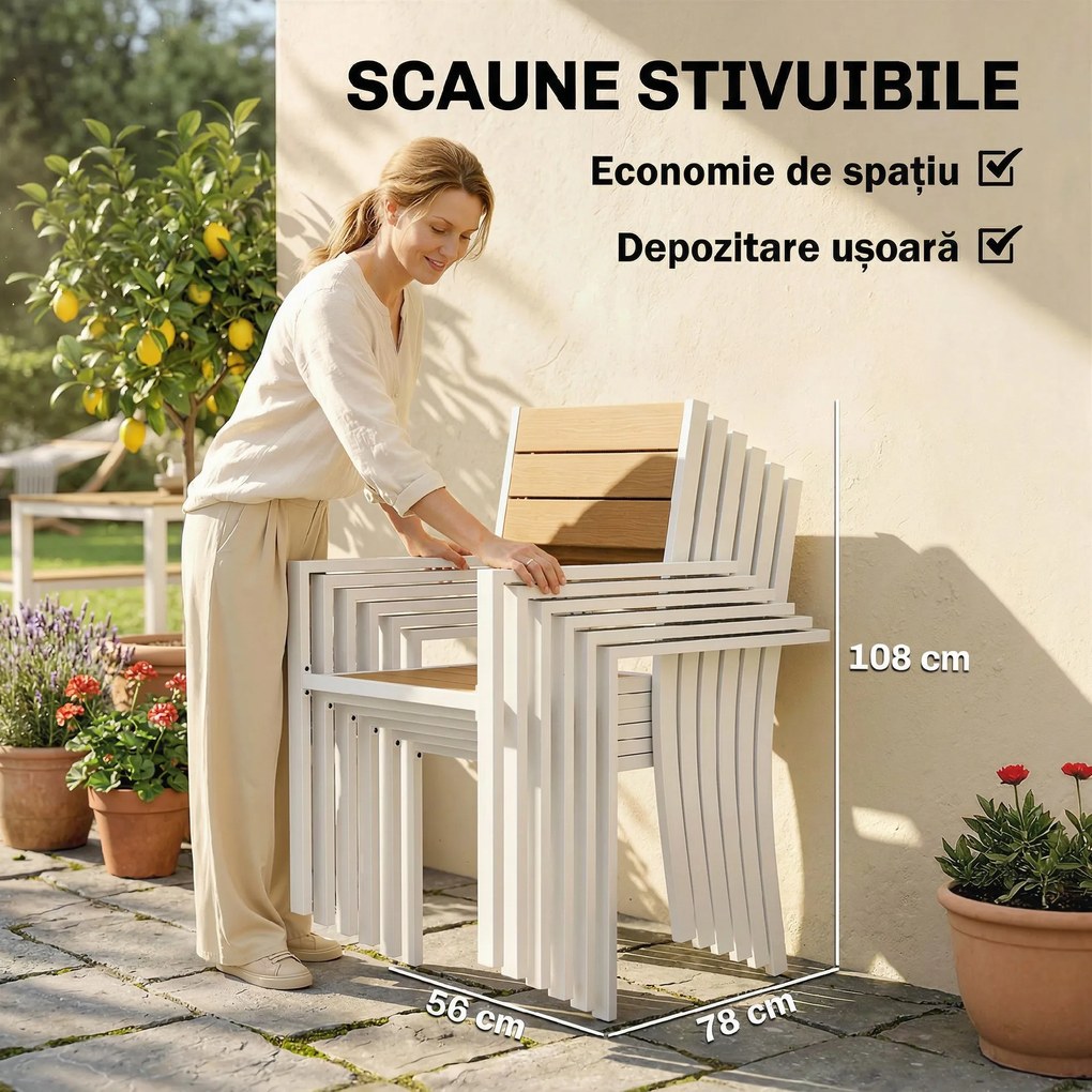 Outsunny Set Masă și Scaune de Grădină 7 Piese, Set Prânz Exterior din Aluminiu cu 6 Scaune Stivuibile, Masă cu Șipci Imitatie Lemn, pentru Terasă, Balcon, Patio, Teak | Aosom Romania