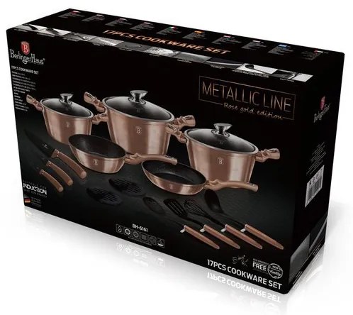 Set oale si tigai marmorate cu capac 17 piese, antiaderente, Rose Gold Berlinger Haus BH 6161