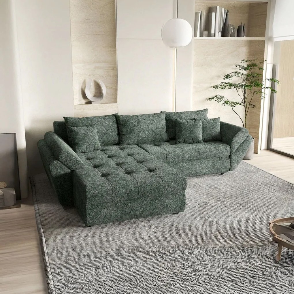 Colțar extensibil dumonde cu ladă de depozitare si sezut confortabil din spuma high-density, Loana Euphoria Green 270x185 cm
