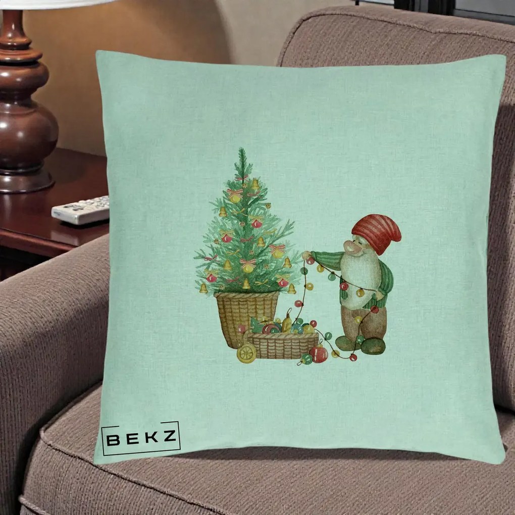 Perna Decorativa Pitic de Craciun cu Brad, 40x40 cm, Verde Menta, Husa Detasabila, Perna Inclusa, BEKZ®