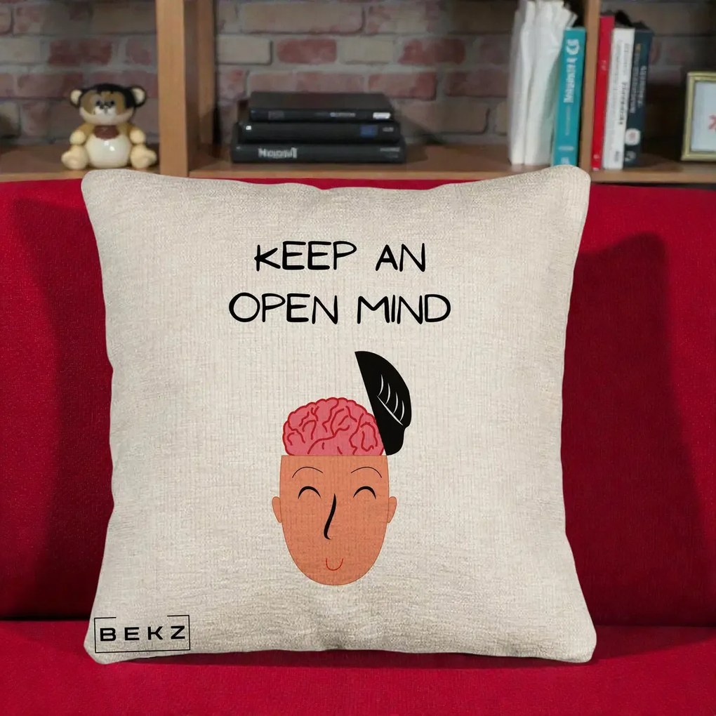 Perna Decorativa Keep An Open Mind, 40x40 cm, Bej Canapea, Husa Detasabila, Perna Inclusa, BEKZ®